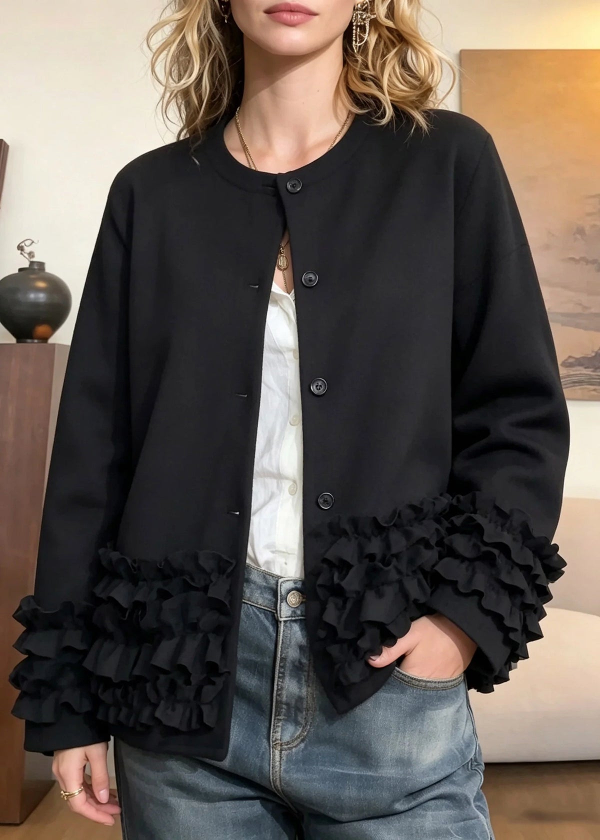 Manteau Femme Moderne Col Rond Boutonné Automne 4