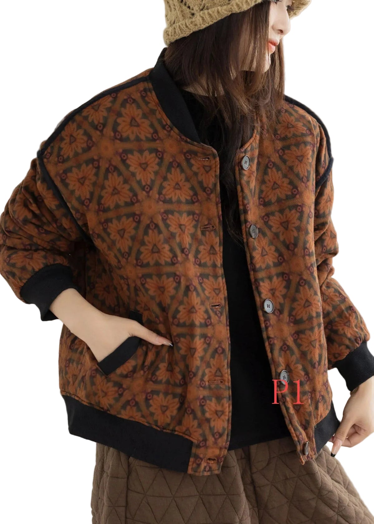 Manteau Femme Oversize Imprimé Orange Hiver 0