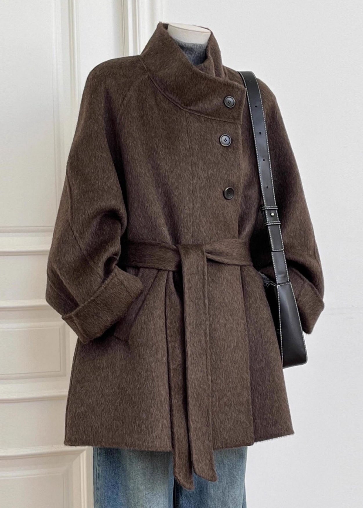 Manteau Femme Patchwork avec Ceinture à la Taille et Poches 1