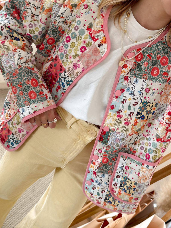 Manteau Foncé à Imprimé Floral pour Femme, Col Rond, Matériau Léger 2
