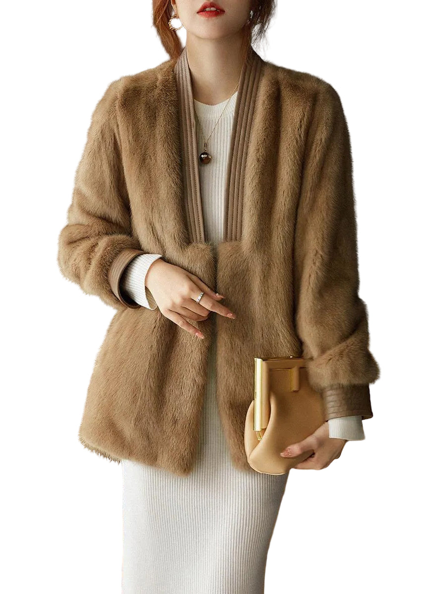 Manteau Long Femme Grande Taille Col V en Fourrure 0