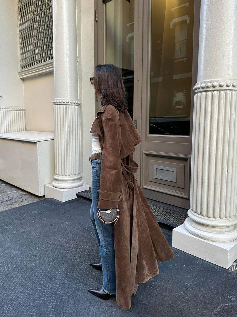 Manteau Trench Femme Long en Suède Chic pour Hiver 2
