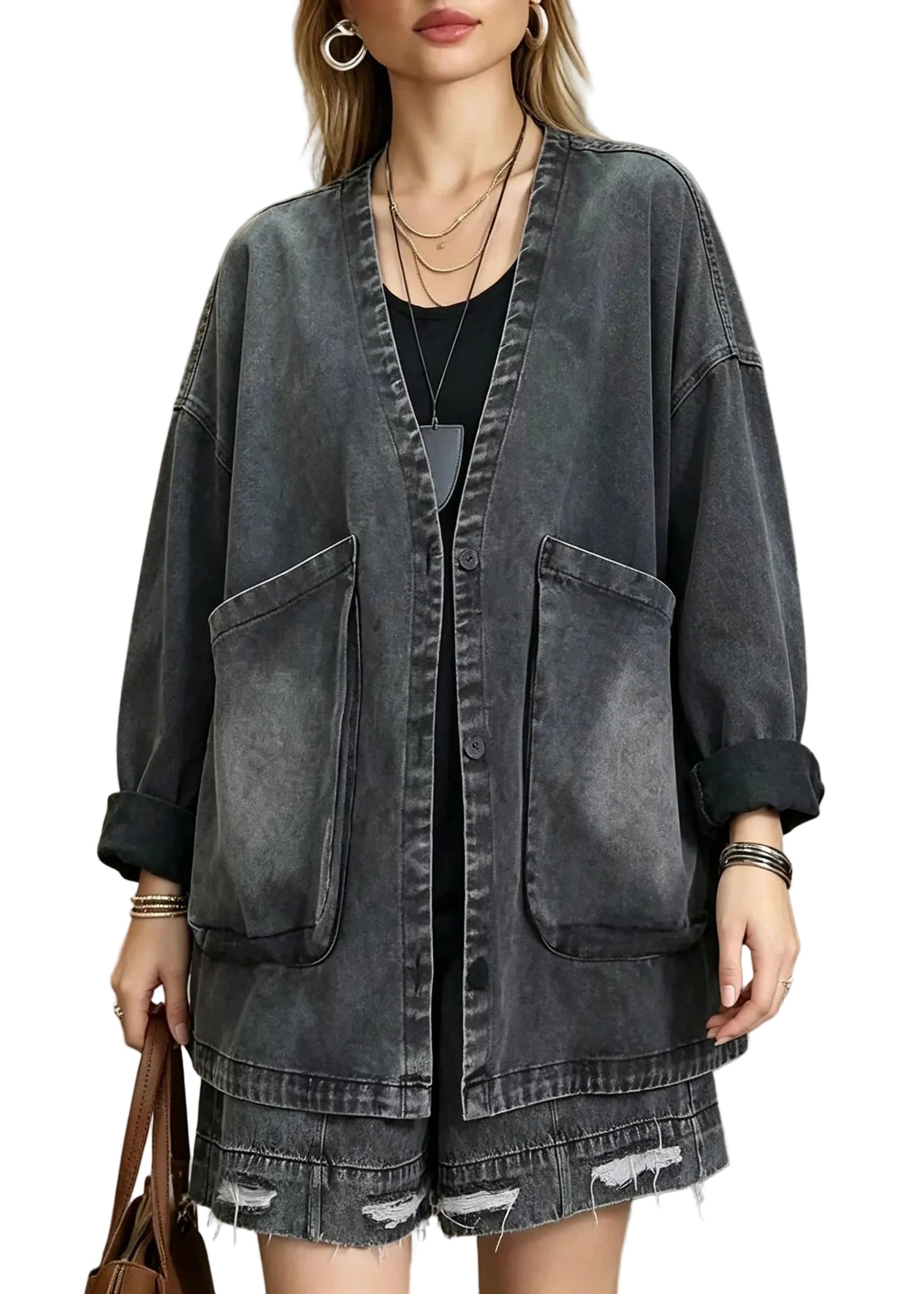 Manteau en jean vintage pour femme à col en V et poches 0