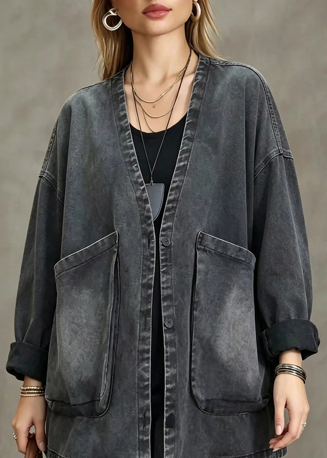 Manteau en jean vintage pour femme à col en V et poches 1