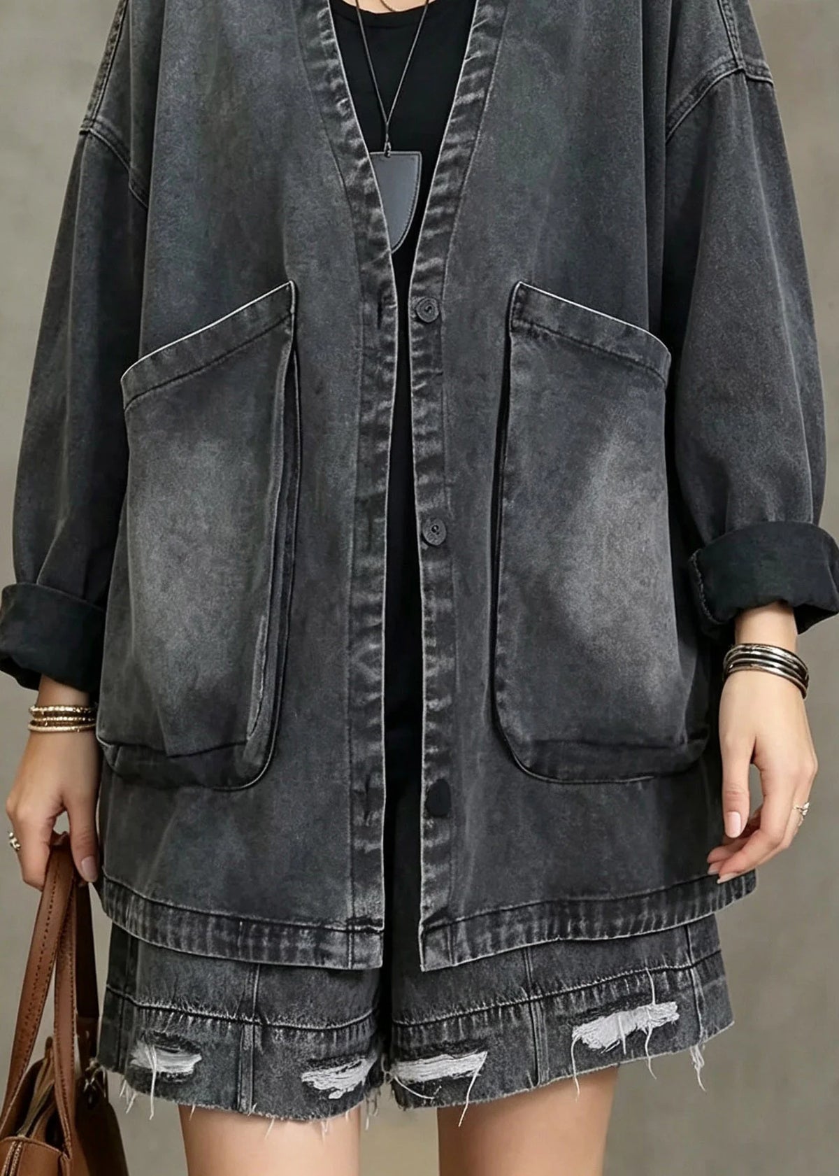 Manteau en jean vintage pour femme à col en V et poches 3