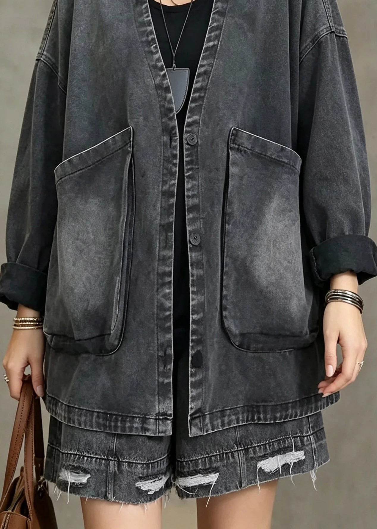 Manteau en jean vintage pour femme à col en V et poches 3