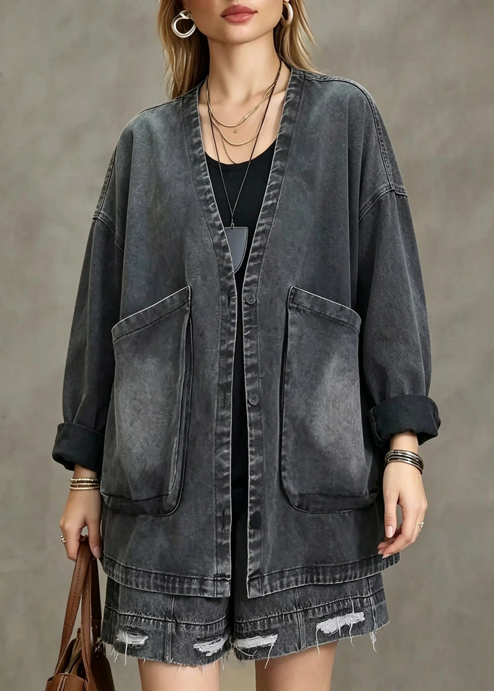 Manteau en jean vintage pour femme à col en V et poches 4
