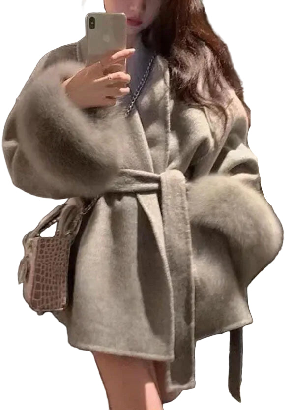 Manteau pour femme à col en V avec poches et ceinture à manches longues 0