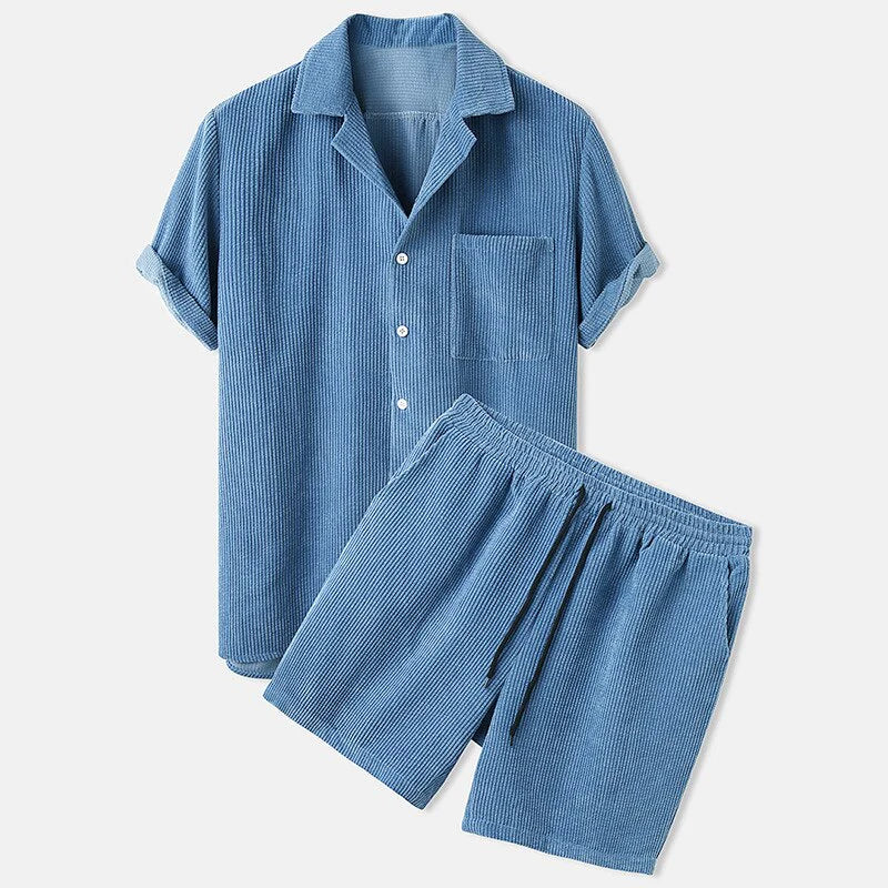 Ensemble Été Homme Chemise Décontractée Coton et Pantalon Cordon-1