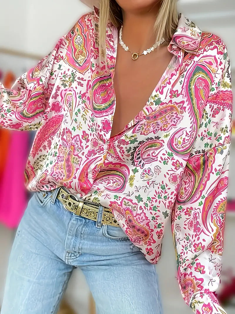 Chemise Femme Chic Imprimé Paisley 100% Coton à Manches Longues-1