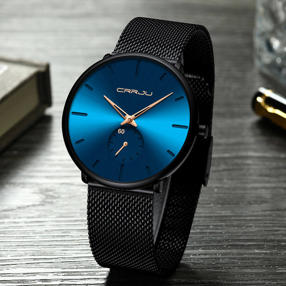Montre pour Homme en Acier Noir et Bleu Minimaliste 8