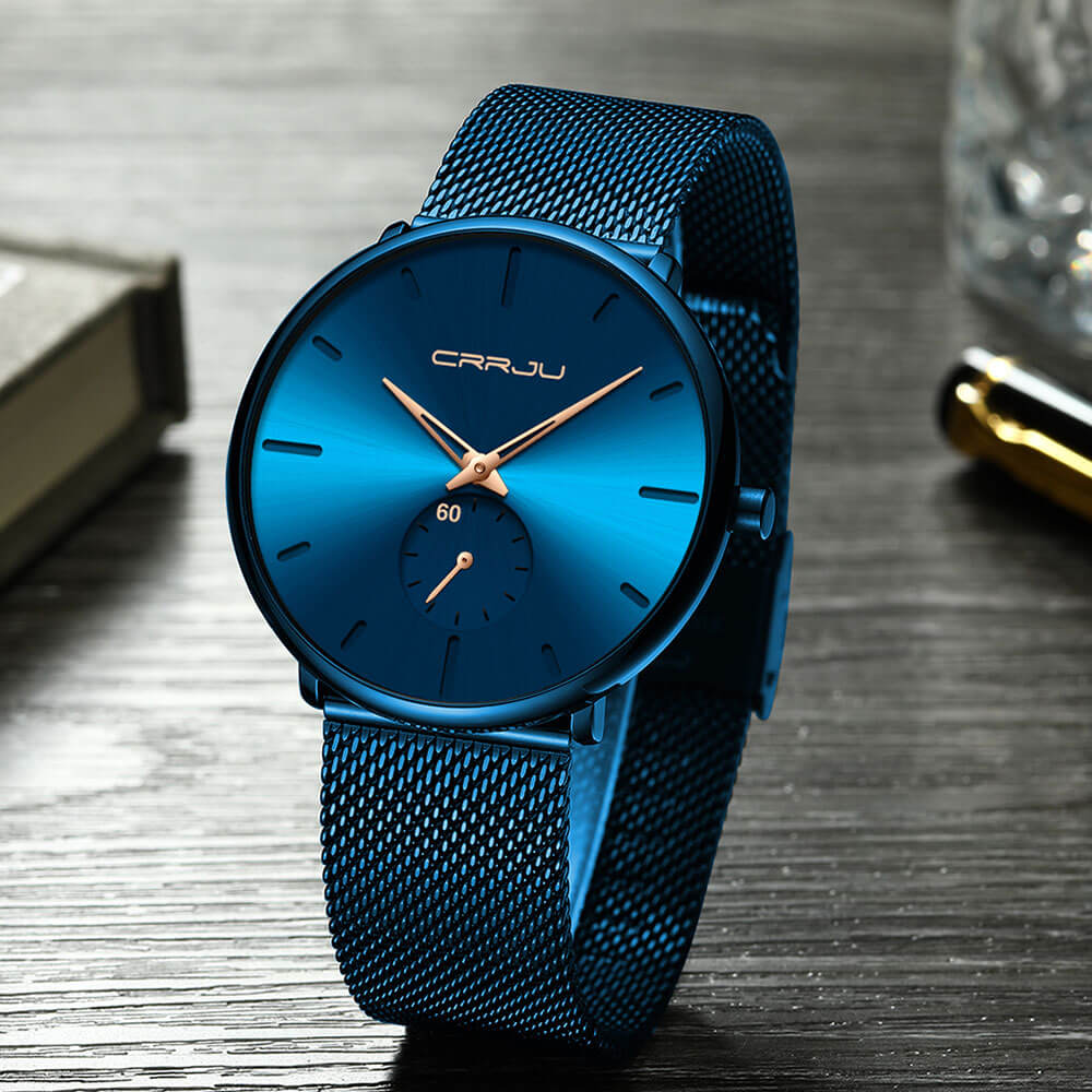 Montre pour Homme en Acier Noir et Bleu Minimaliste 9