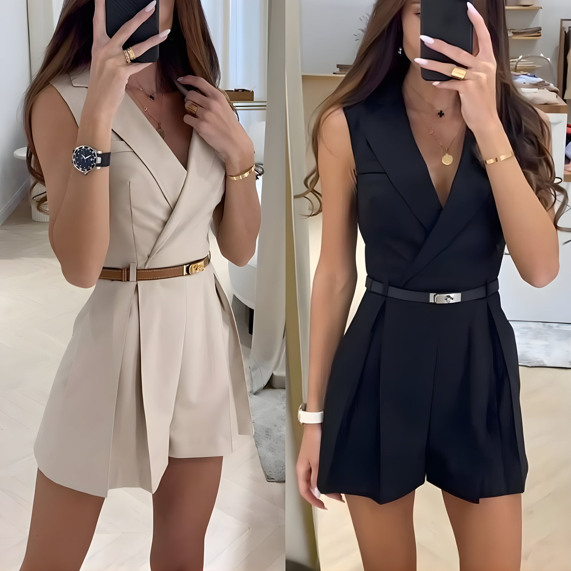 Combinaison Femme Chic Sans Manches Col en V Tissu de Première Qualité-2
