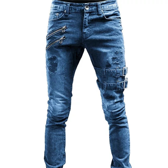 Jean Décontracté Homme Style Motard en Denim