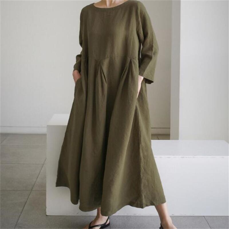 Robe Midi à Manches Longues en Velours Côtelé pour Femme