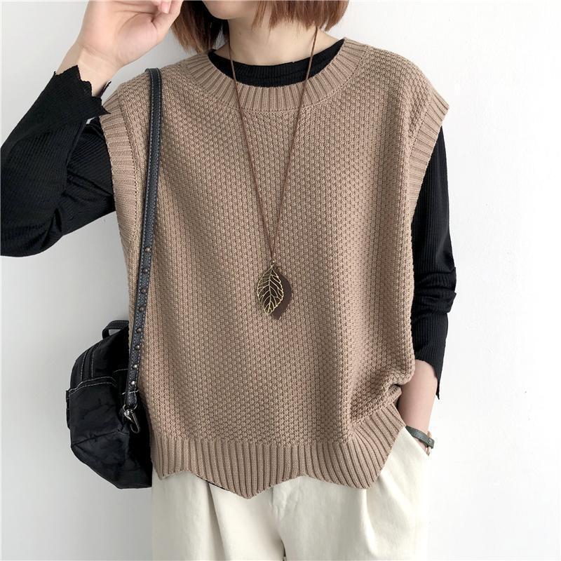 Pull Femme Décolleté Rond Sans Manches Confortable Mélange de Fibres Douces