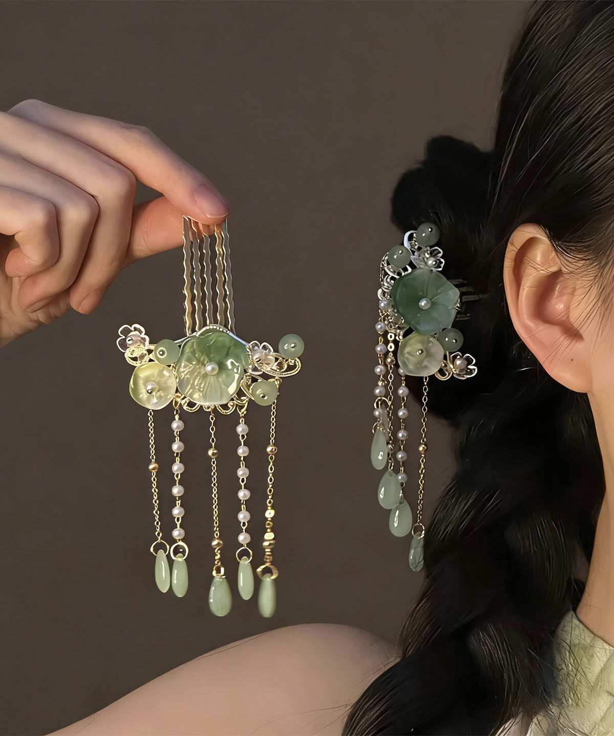 Paire d'épingles à cheveux avec gland floral style chinois pour femme 2