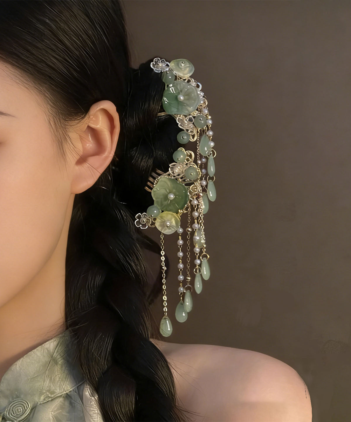 Paire d'épingles à cheveux avec gland floral style chinois pour femme 4