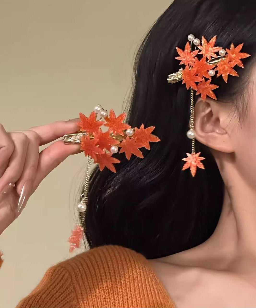 Paire d'épingles à cheveux femme feuille d'érable avec pompon floral en verre 0