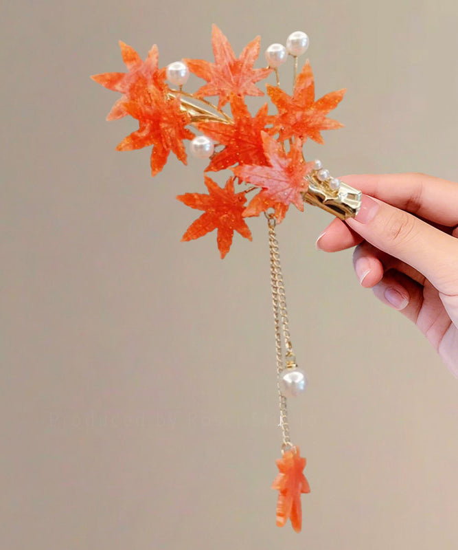 Paire d'épingles à cheveux femme feuille d'érable avec pompon floral en verre 1