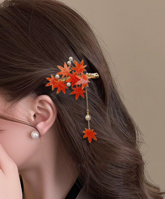 Paire d'épingles à cheveux femme feuille d'érable avec pompon floral en verre 2