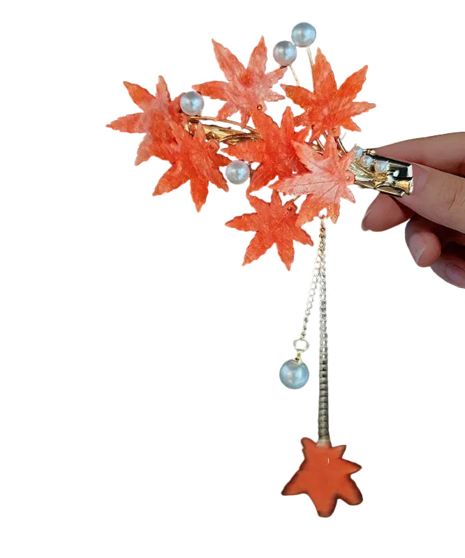 Paire d'épingles à cheveux femme feuille d'érable avec pompon floral en verre 3