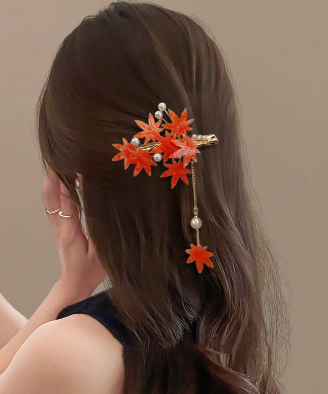 Paire d'épingles à cheveux femme feuille d'érable avec pompon floral en verre 4