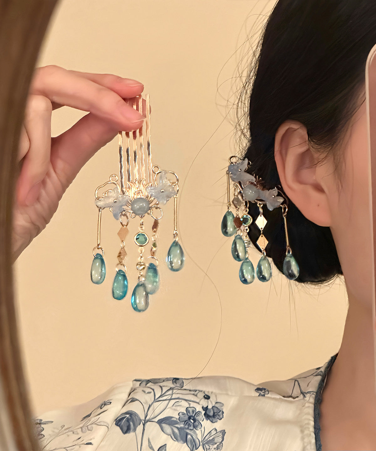 Paire d'épingles à cheveux papillon avec pompon bleu cuivre 0