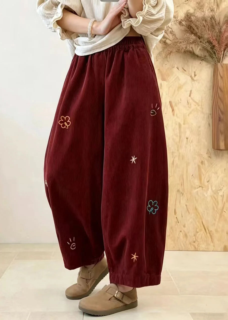 Pantalon Femme Bouffant à Poches Brodées Style Automnal 3