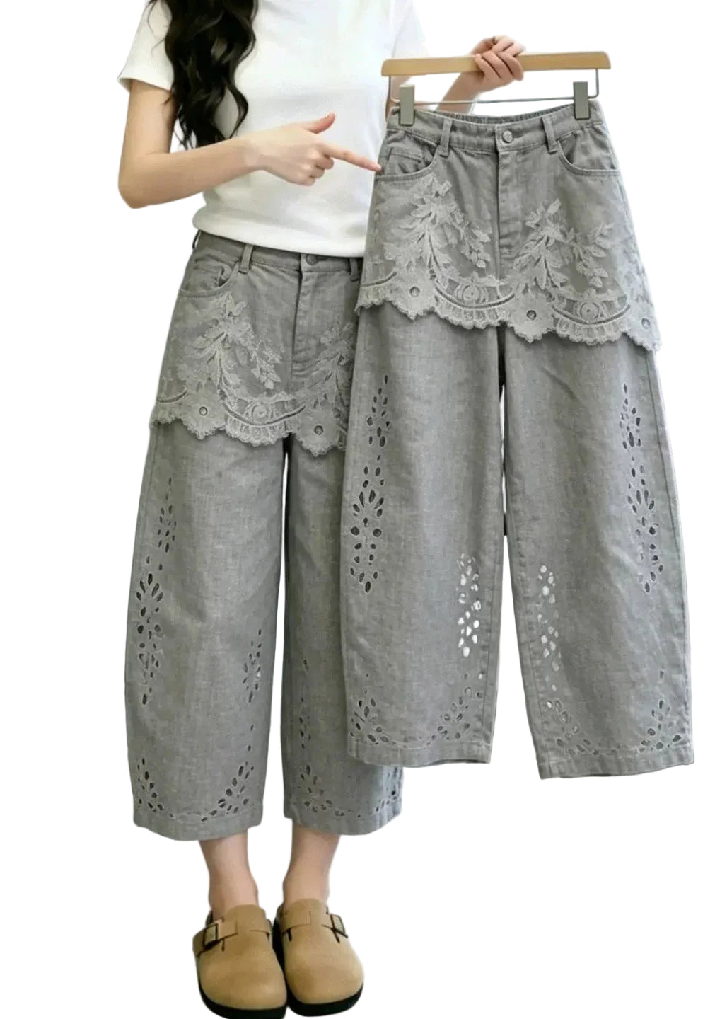 Pantalon Femme Court Moderne avec Détails en Dentelle et Poches 0