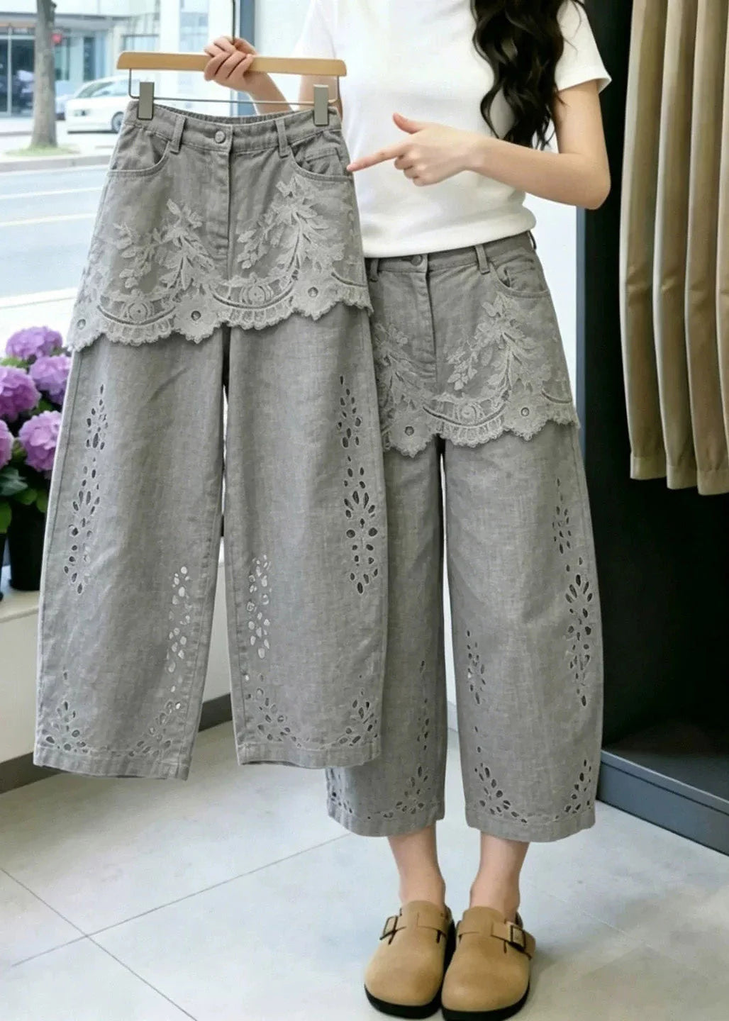 Pantalon Femme Court Moderne avec Détails en Dentelle et Poches 2