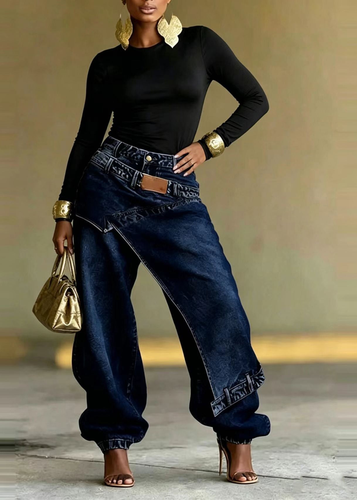 Pantalon Femme Denim Asymétrique Patchwork Automne 2