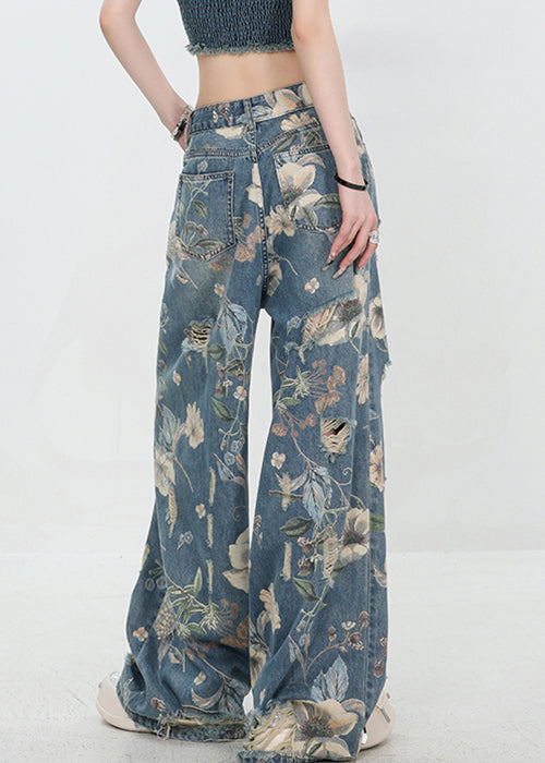 Pantalon Femme Denim Taille Haute Imprimé Unique Détail Déchiré 4