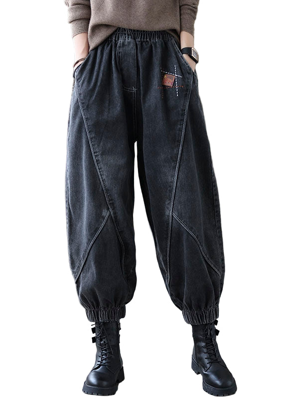 Pantalon Femme Denim Vintage Taille Élastique avec Poches 0