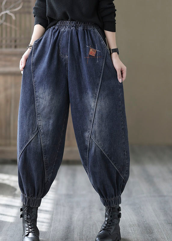 Pantalon Femme Denim Vintage Taille Élastique avec Poches 1
