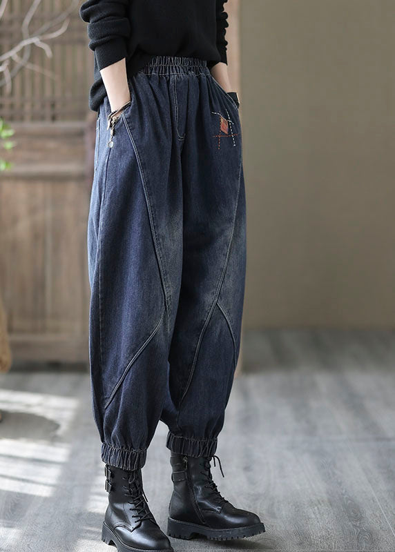 Pantalon Femme Denim Vintage Taille Élastique avec Poches 2