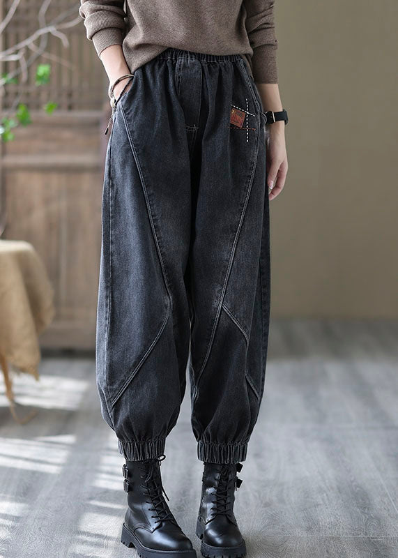 Pantalon Femme Denim Vintage Taille Élastique avec Poches 3