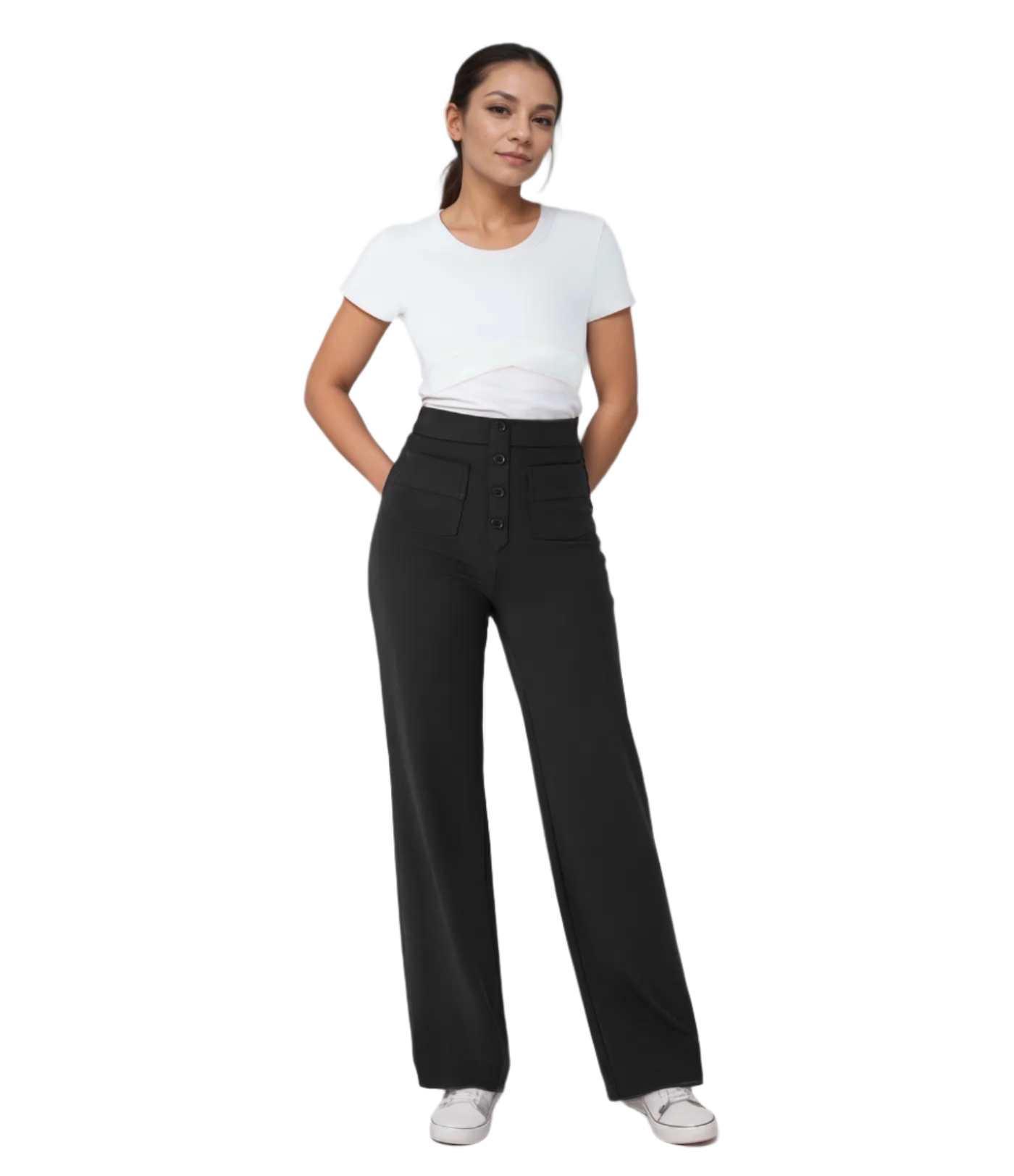 Pantalon Femme Large Taille Haute Tissu Élastique 0