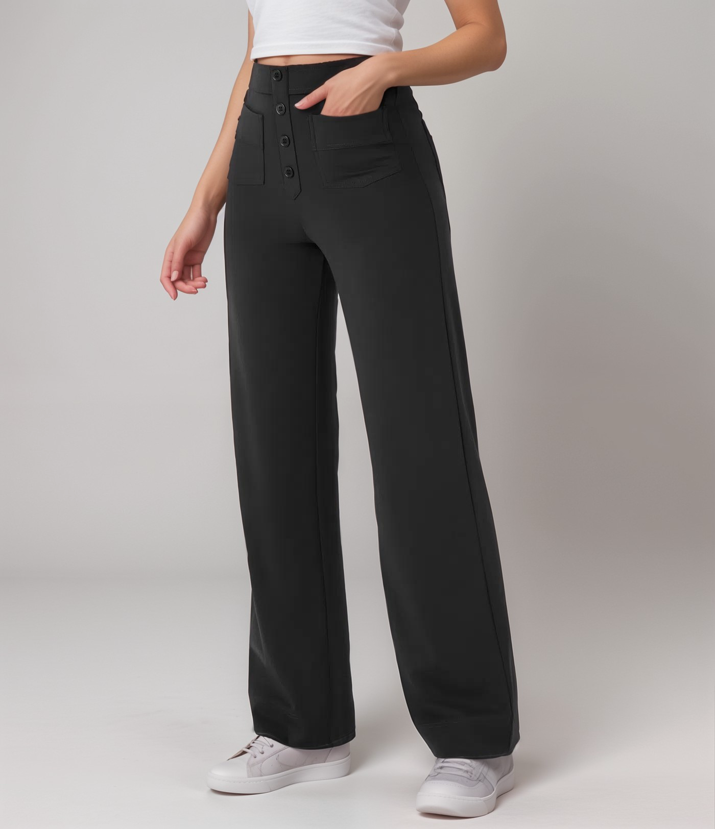 Pantalon Femme Large Taille Haute Tissu Élastique 1