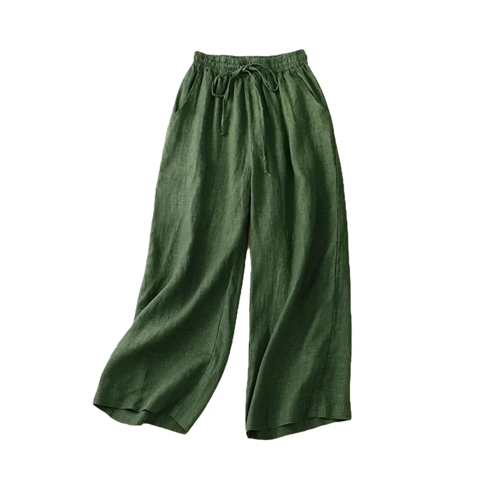 Pantalon Femme Large Taille Haute en Lin Coton Fluide 1