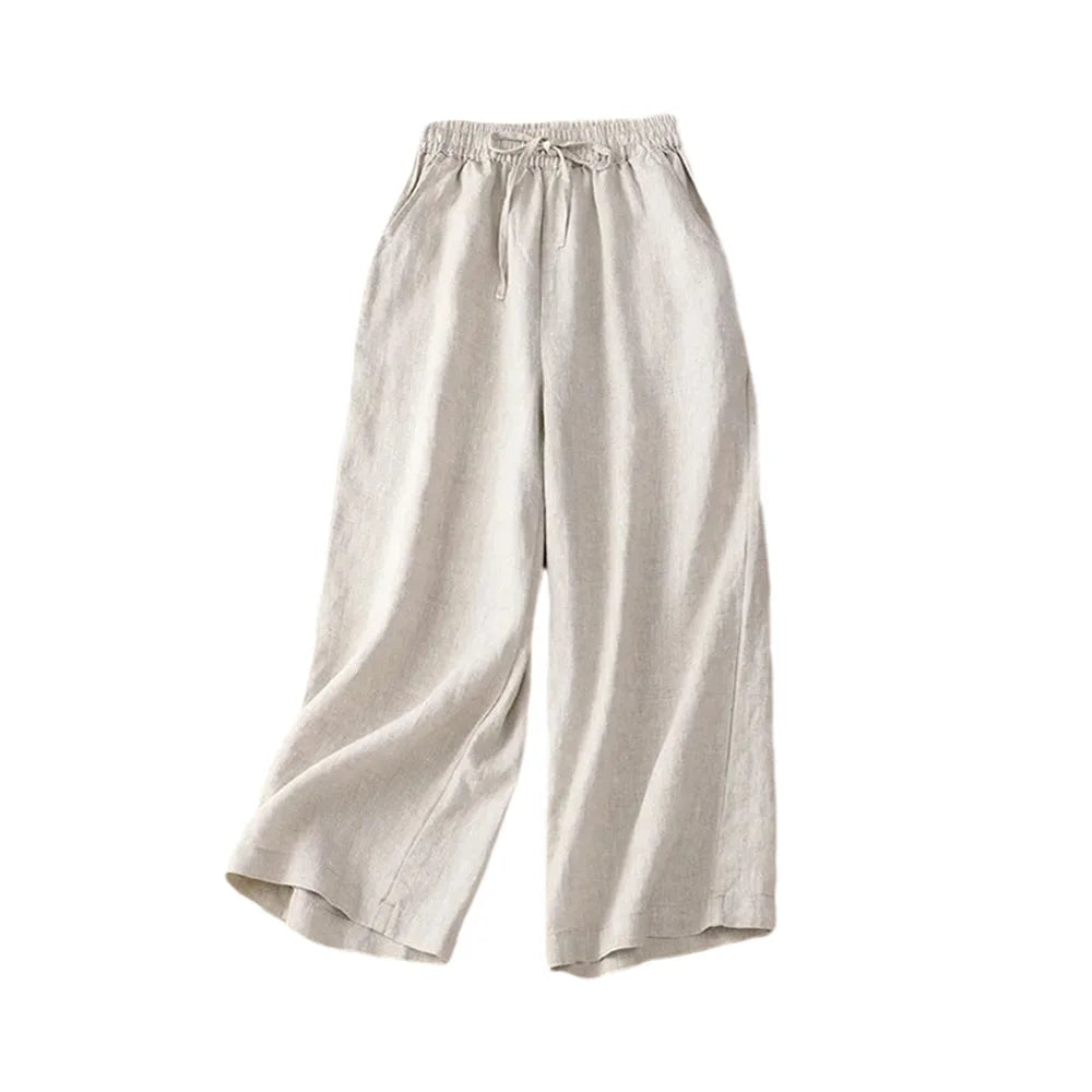 Pantalon Femme Large Taille Haute en Lin Coton Fluide 2