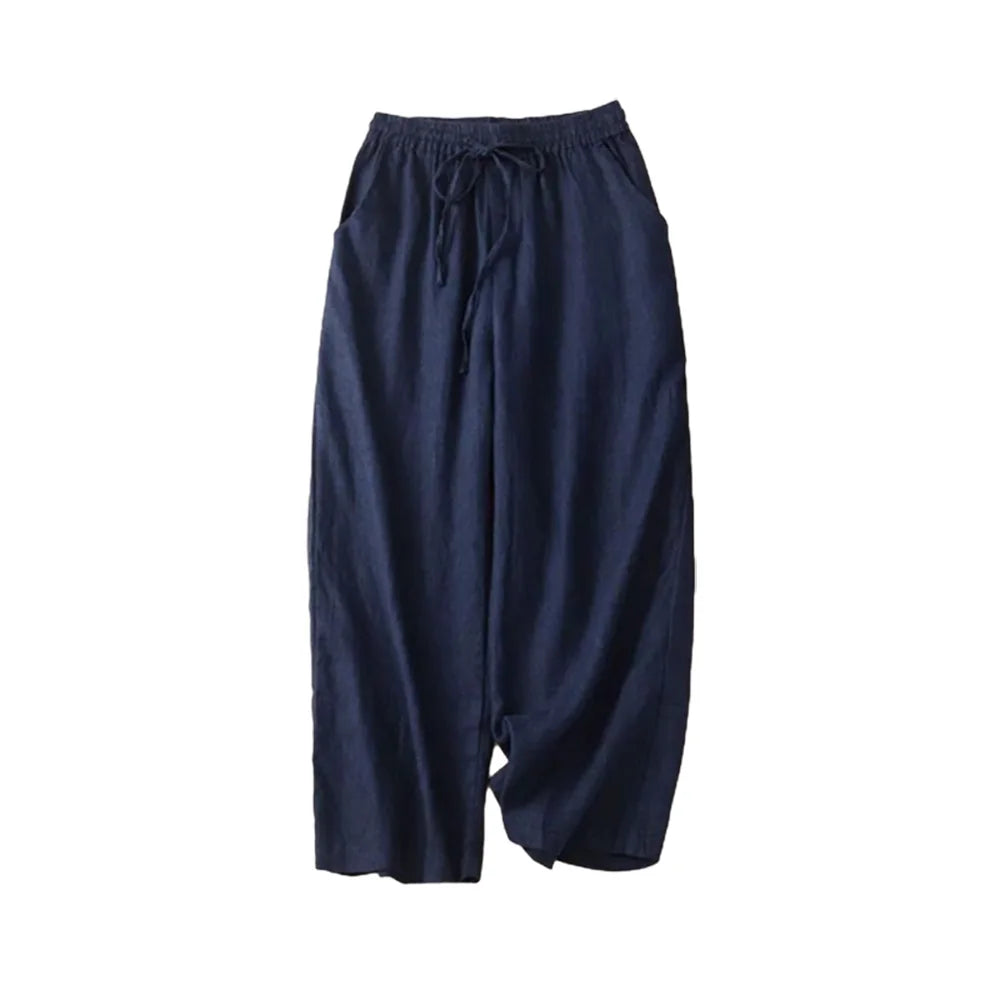 Pantalon Femme Large Taille Haute en Lin Coton Fluide 3