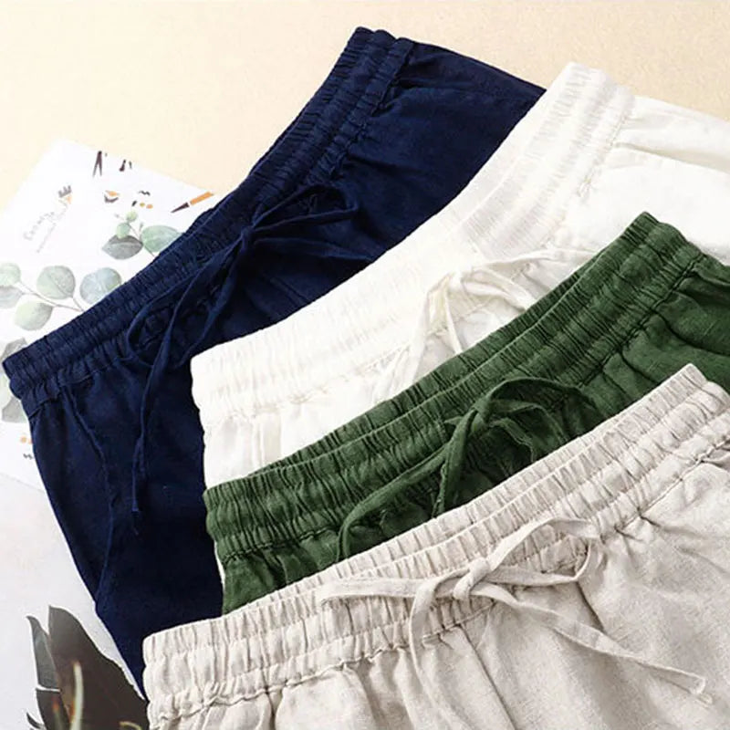 Pantalon Femme Large Taille Haute en Lin Coton Fluide 4