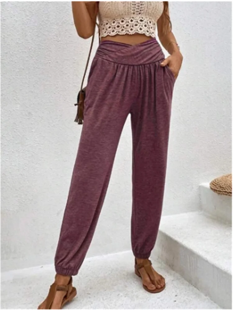Pantalon Femme Long Taille Haute Élastique avec Poches 3