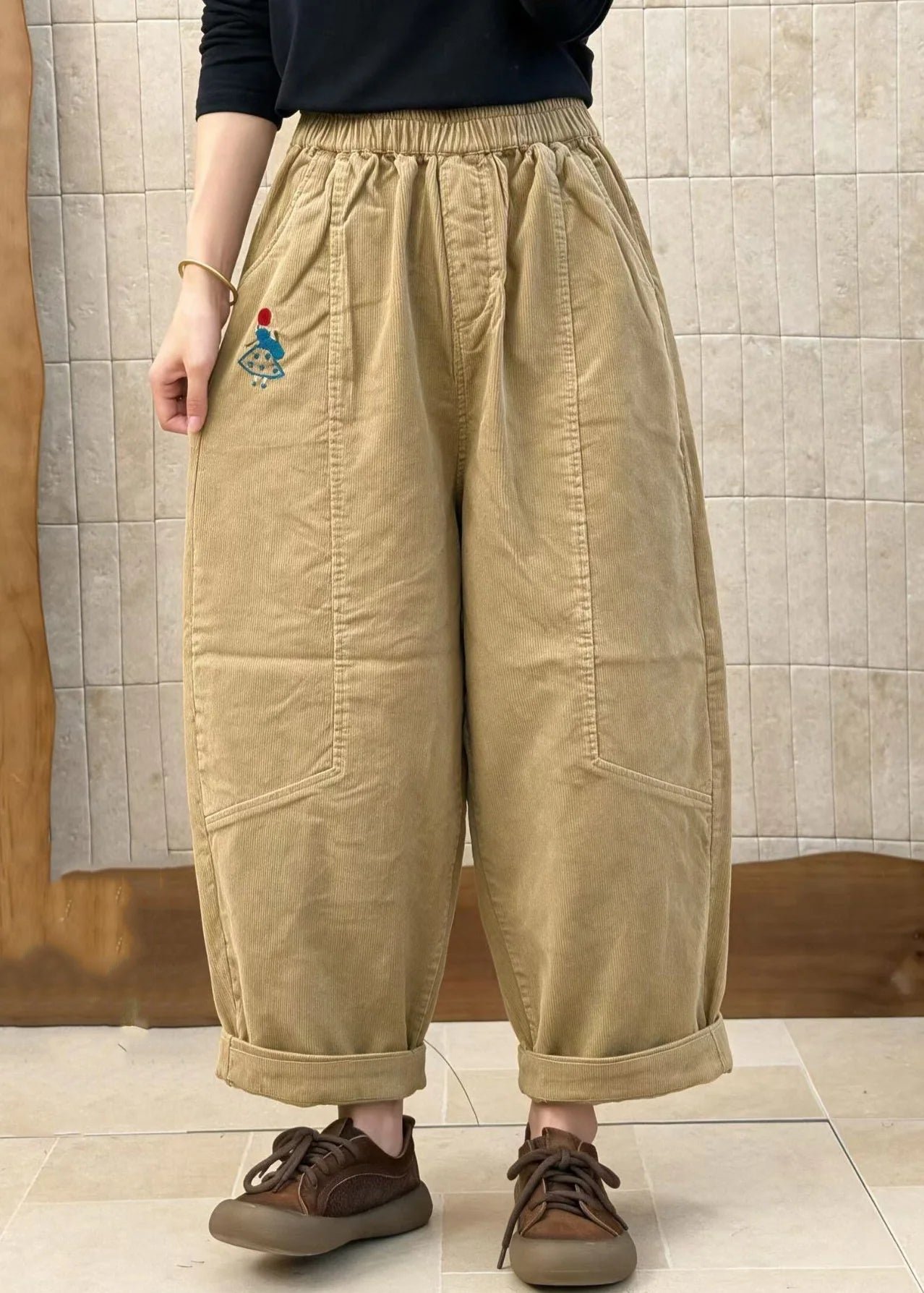 Pantalon Femme Patchwork à Taille Élastique 1