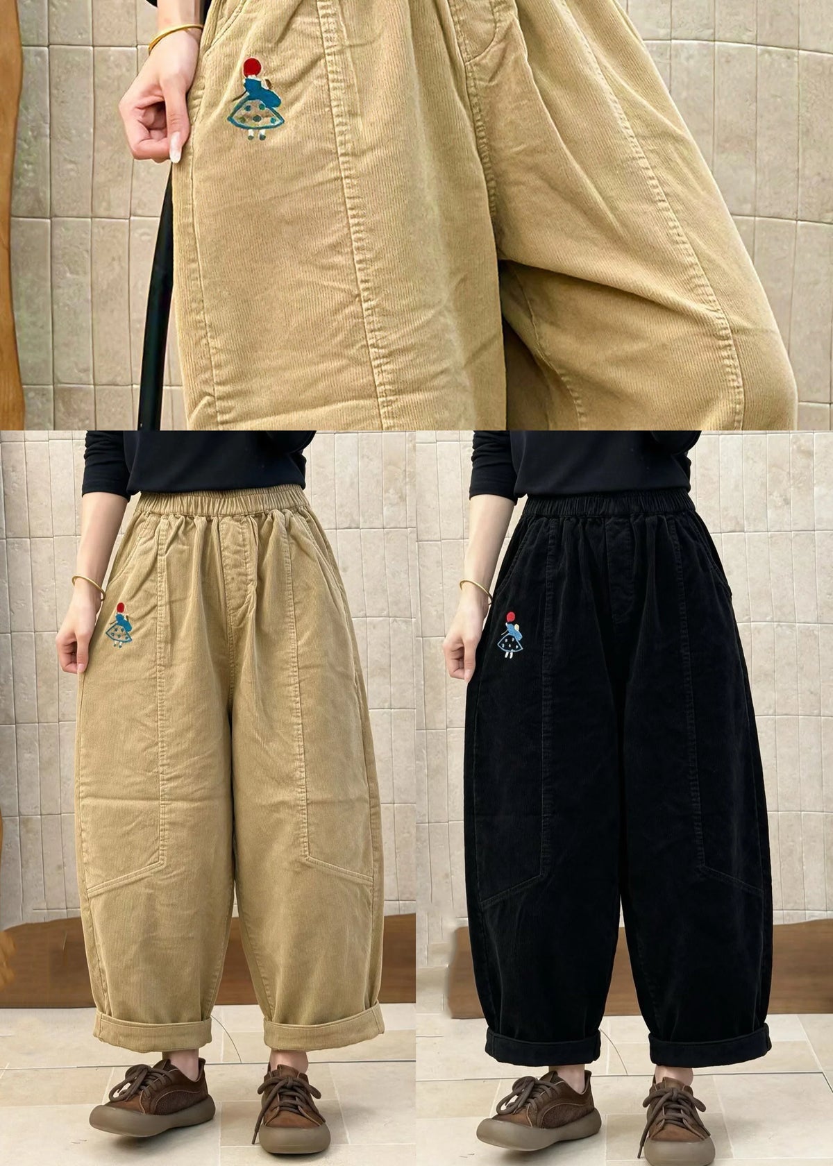 Pantalon Femme Patchwork à Taille Élastique 4