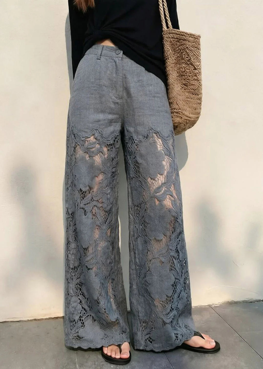Pantalon Femme Taille Haute Jambes Larges à Poches 2