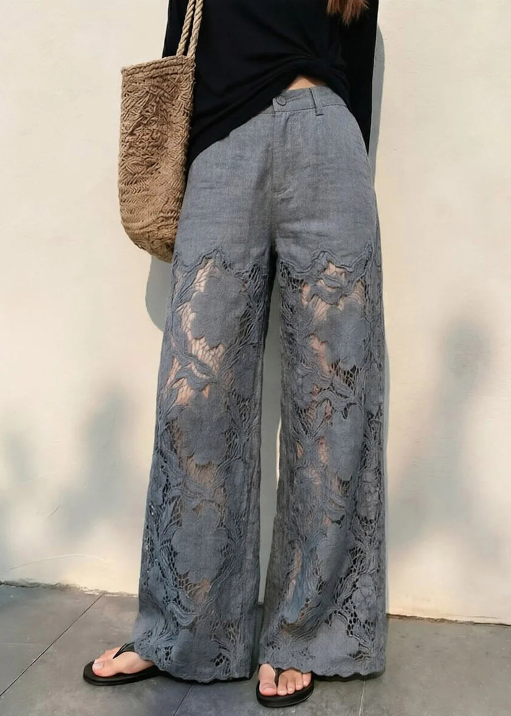 Pantalon Femme Taille Haute Jambes Larges à Poches 4