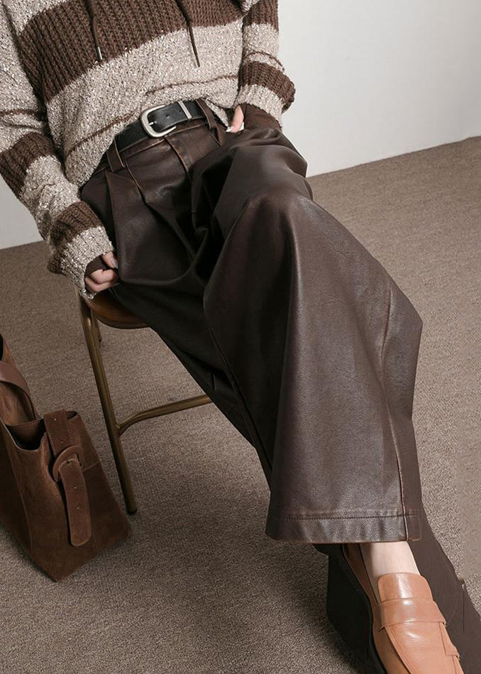 Pantalon Femme Taille Haute en Similicuir avec Poches 3