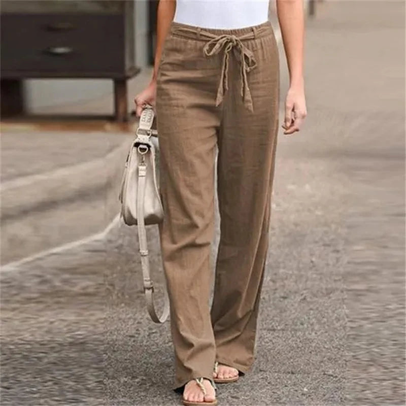 Pantalon Fluide Femme Coton Lin Taille Élastique Décontracté 1